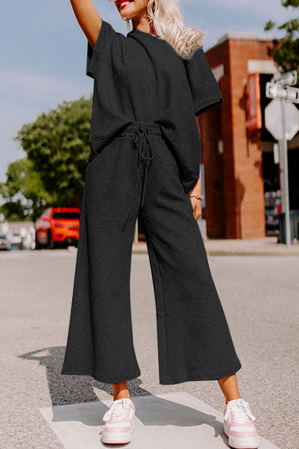 Black Textured Loose Fit T Shirt and Drawstring Pants Set