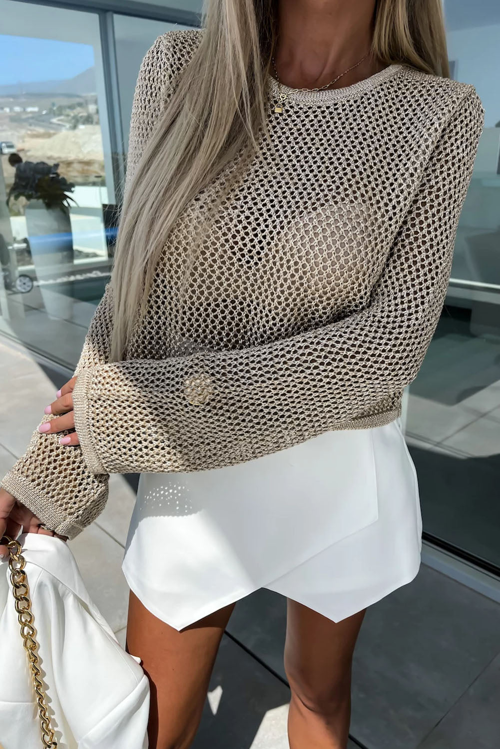 Khaki Hollow-out Knit Long Sleeve Top