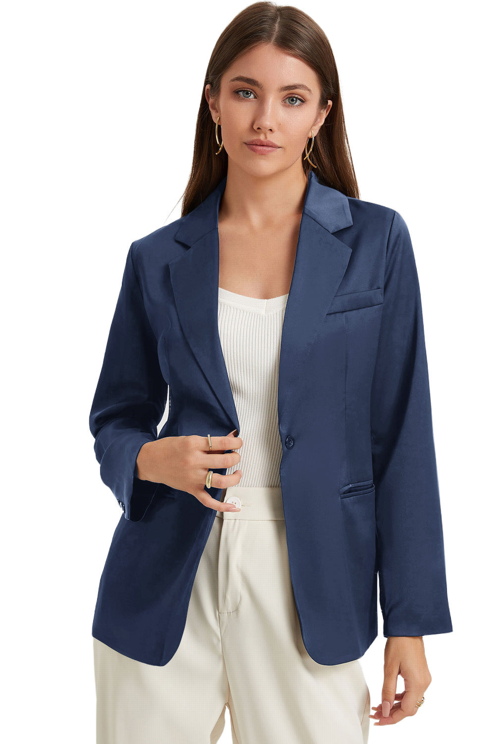 Blue Pocketed Single Button Lapel Neck Blazer