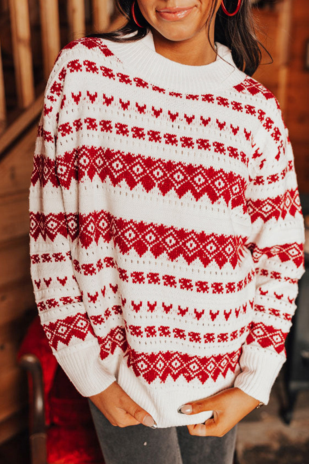 White Western Geometric Patterned Crew Neck Loose Sweater