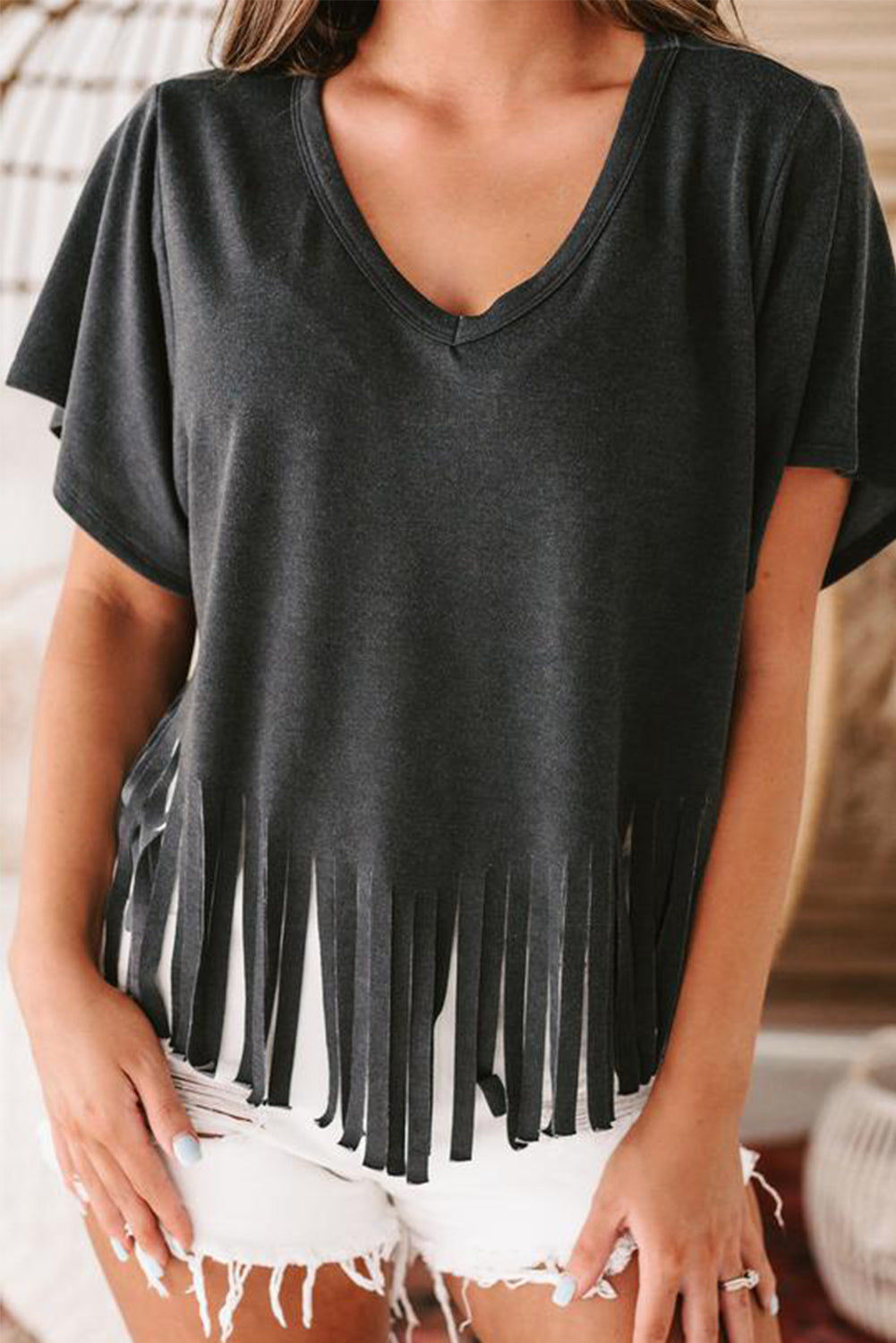 Black Fringe Hem V Neck T Shirt