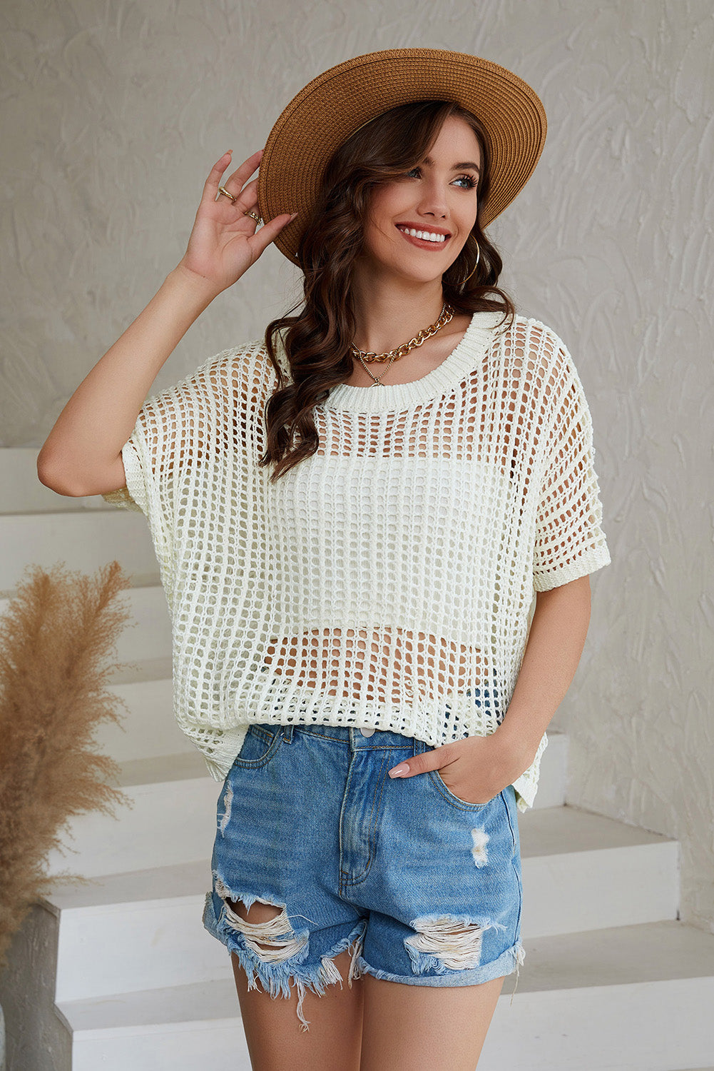 Whit Fishnet Knit Ribbed Round Neck Short Sleeve Sweater Tee