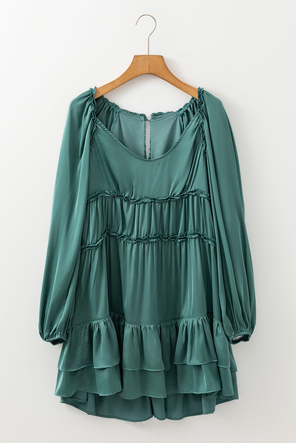 Mist Green Tiered Ruffled Puff Sleeve Loose Fit Mini Dress