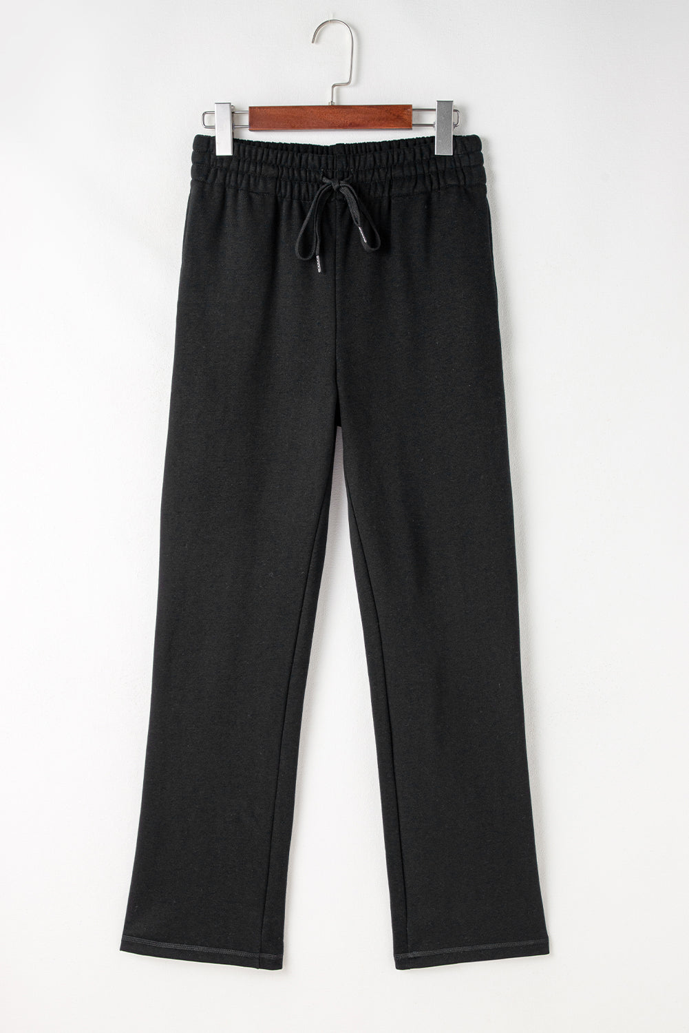 Black Solid Color Fleece Lined Drawstring Waist Casual Pants