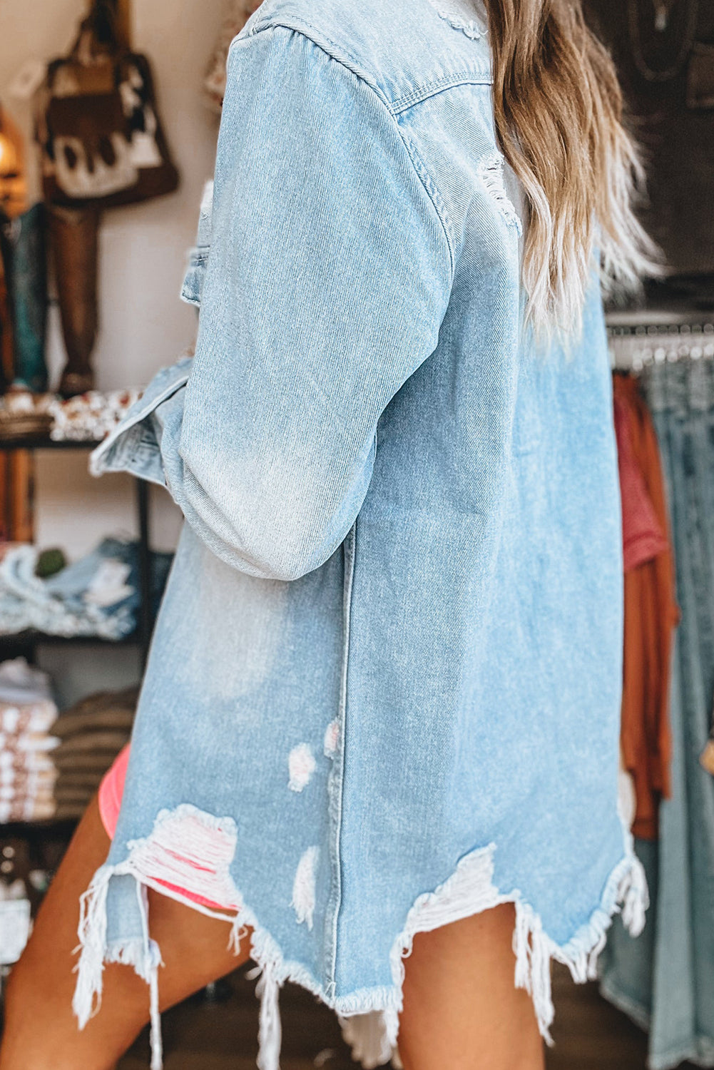 Beau Blue Mineral Wash Distressed Frayed Long Denim Jacket