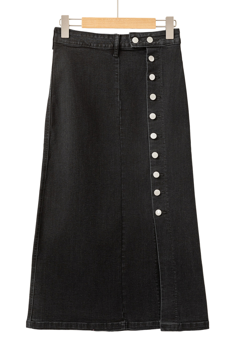 Black Button Fly Side Split High Waist Denim Midi Skirt