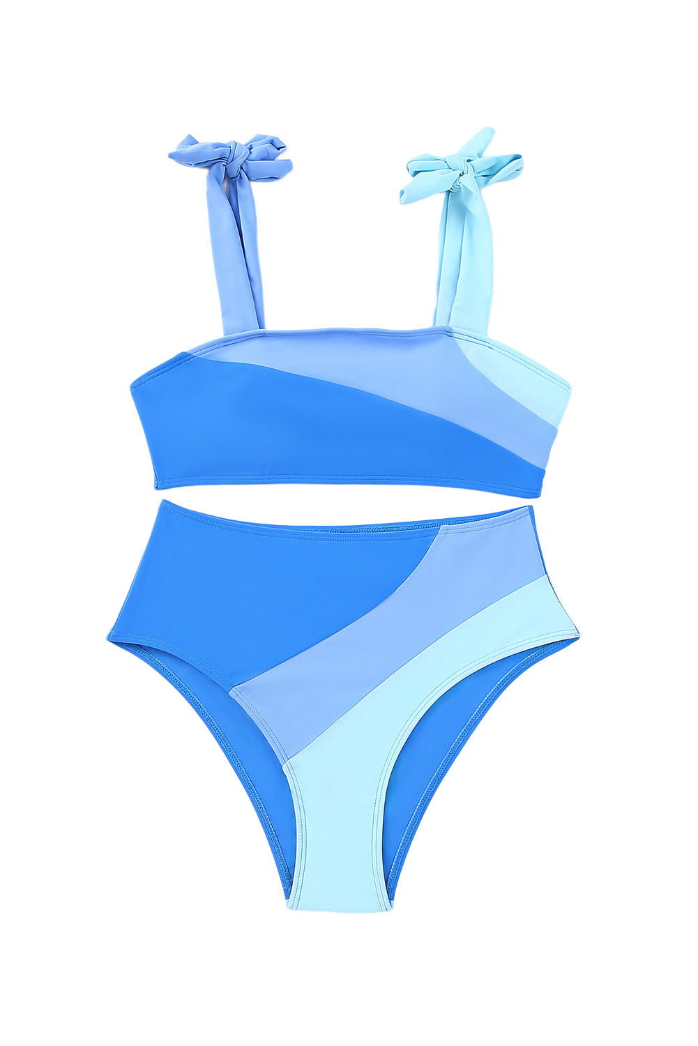 Sky Blue Ombre Color Block Tie Shoulder Bikini High Waist Swimsuit