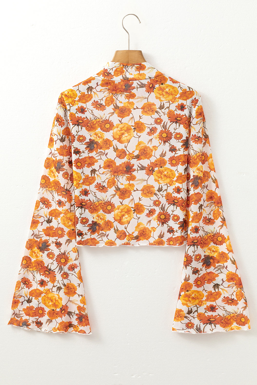 Orange Floral Printed Bell Sleeve Mock Neck Scallop Trim Blouse