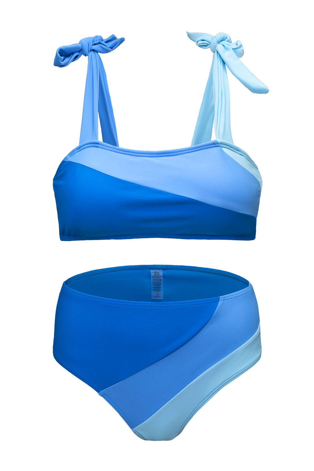 Sky Blue Ombre Color Block Tie Shoulder Bikini High Waist Swimsuit