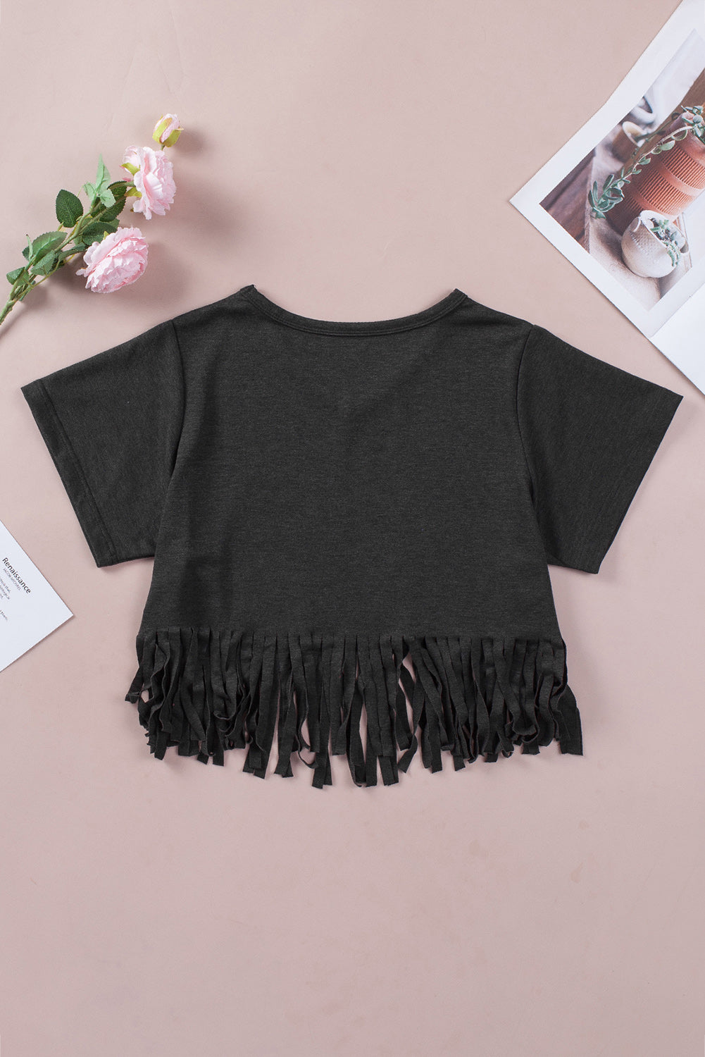 Black Fringe Hem V Neck T Shirt