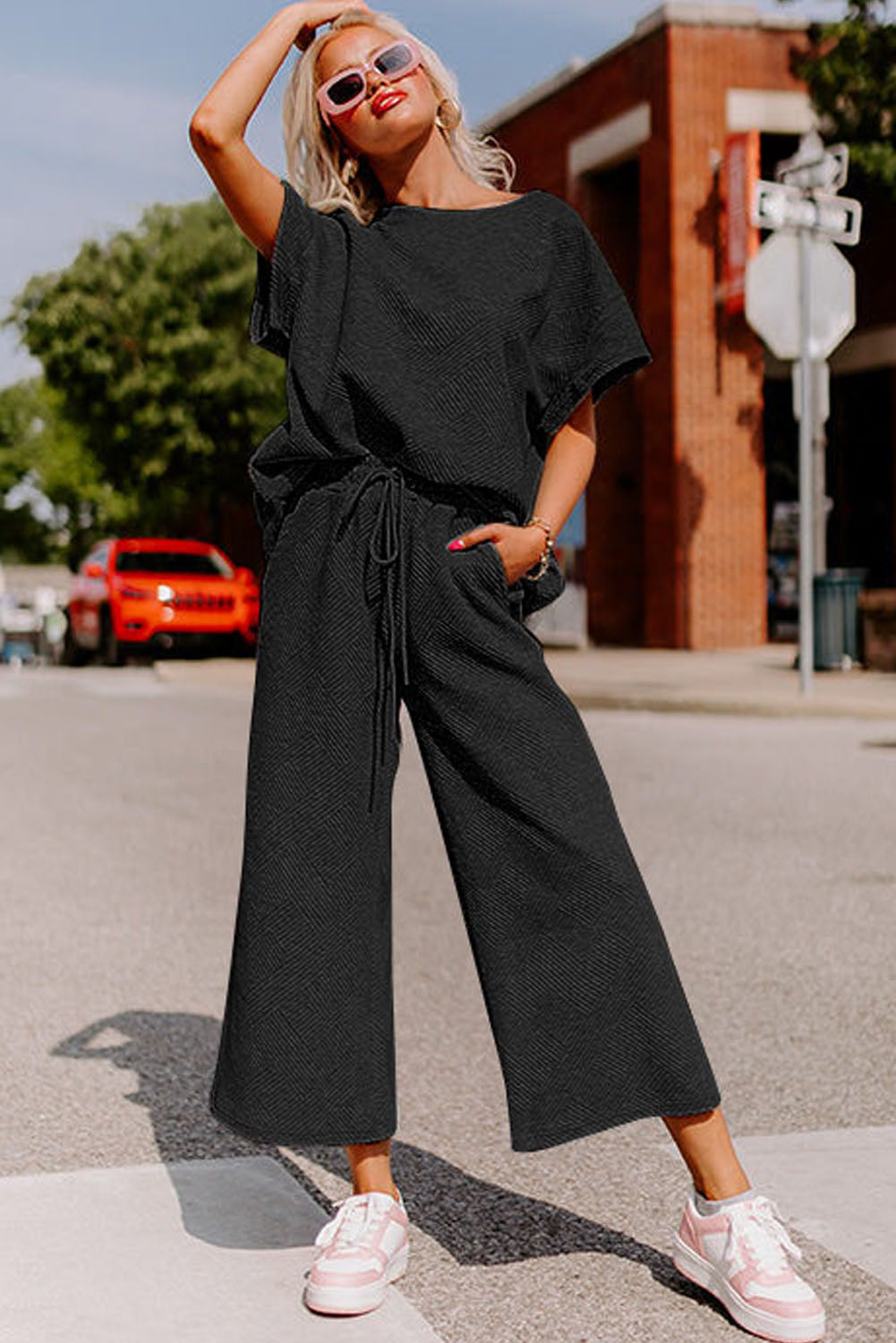 Black Textured Loose Fit T Shirt and Drawstring Pants Set