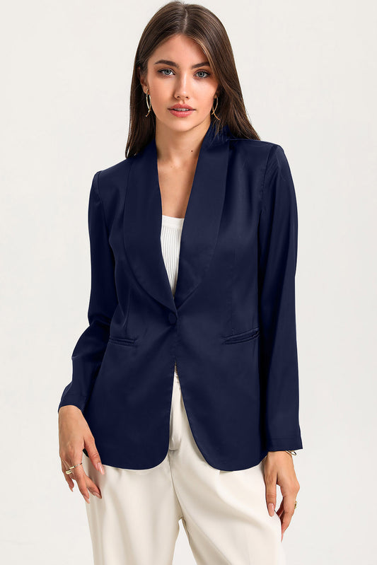 Blue Collared Neck Single Breasted Blazer with Pockets