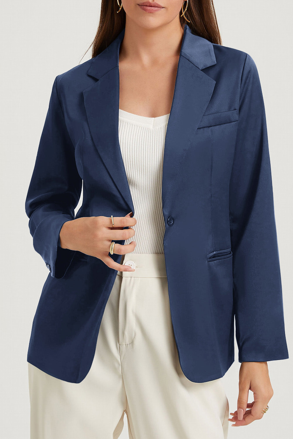 Blue Pocketed Single Button Lapel Neck Blazer