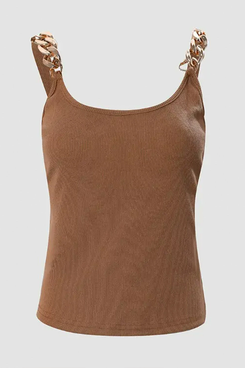 Brown Gold Chain Straps Rib Knit Tank Top