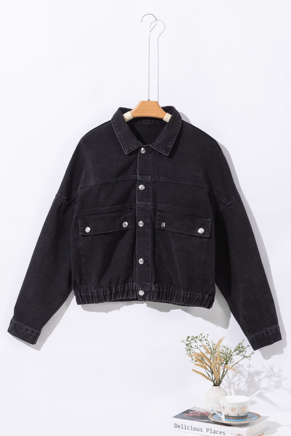 Black Metal Buttons Flap Pocket Drop Shoulder Denim Jacket