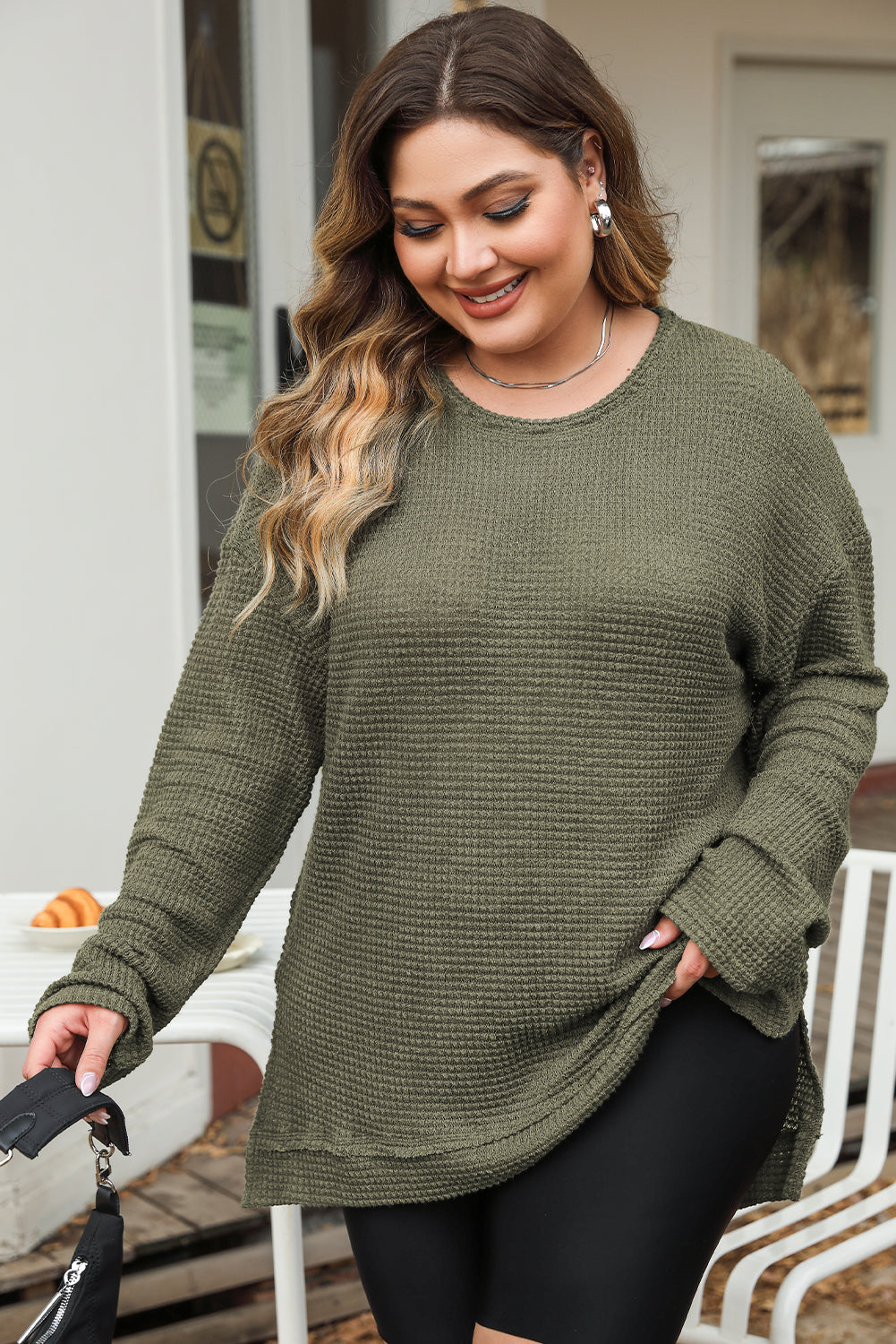 Moss Green Plus Size Textured Knit Long Sleeve Top