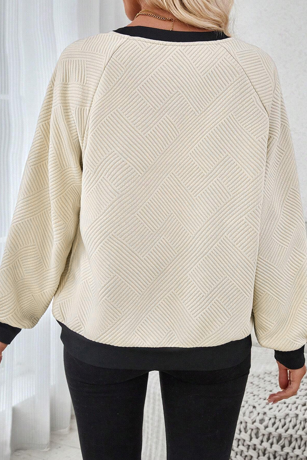 Jet Stream Color Block Edge Raglan Sleeve Crew Neck Textured Top