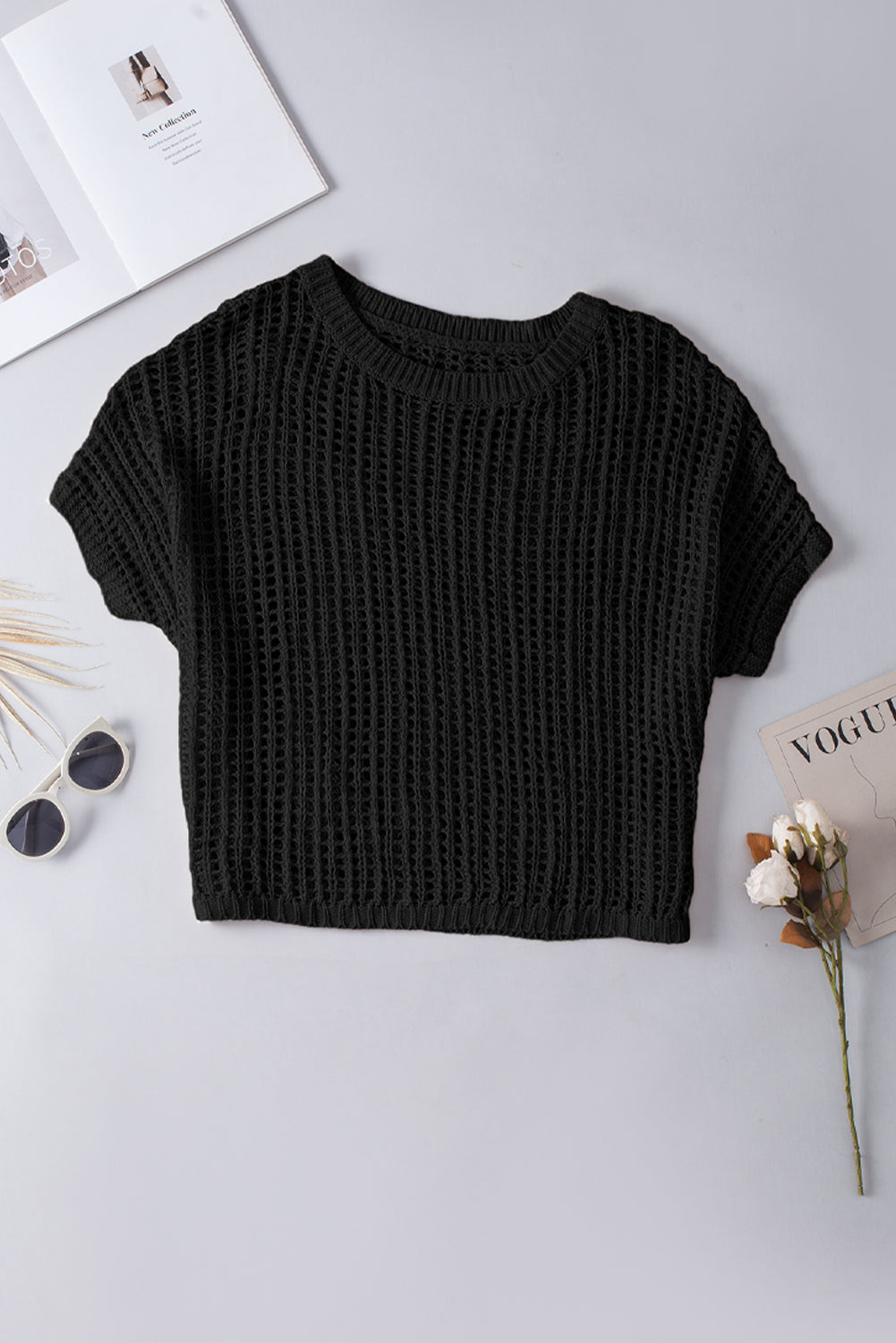 Black Fishnet Knit Ribbed Round Neck Short Sleeve Sweater Tee