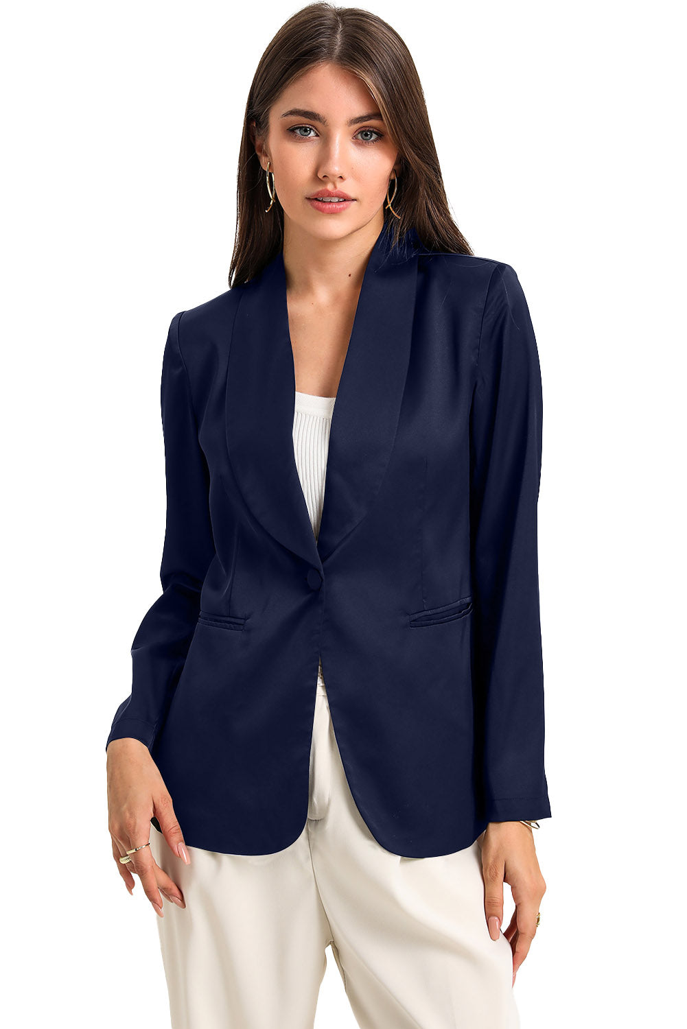 Blue Collared Neck Single Breasted Blazer with Pockets