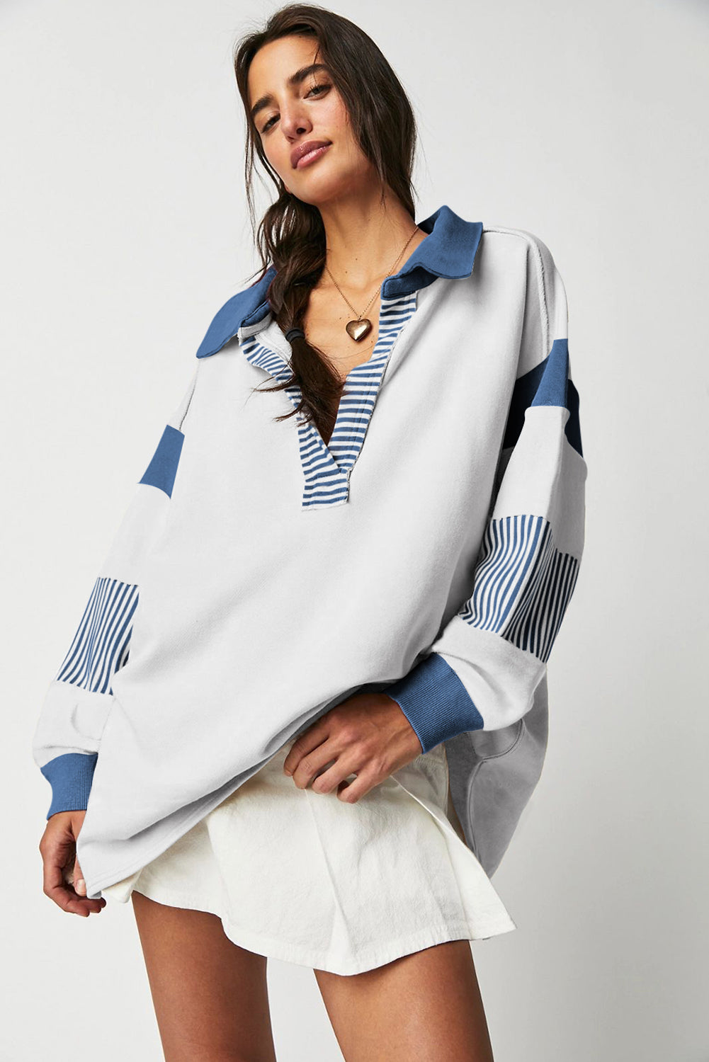 Dark Blue Striped Colorblock Patchwork Collar Sweatshirt