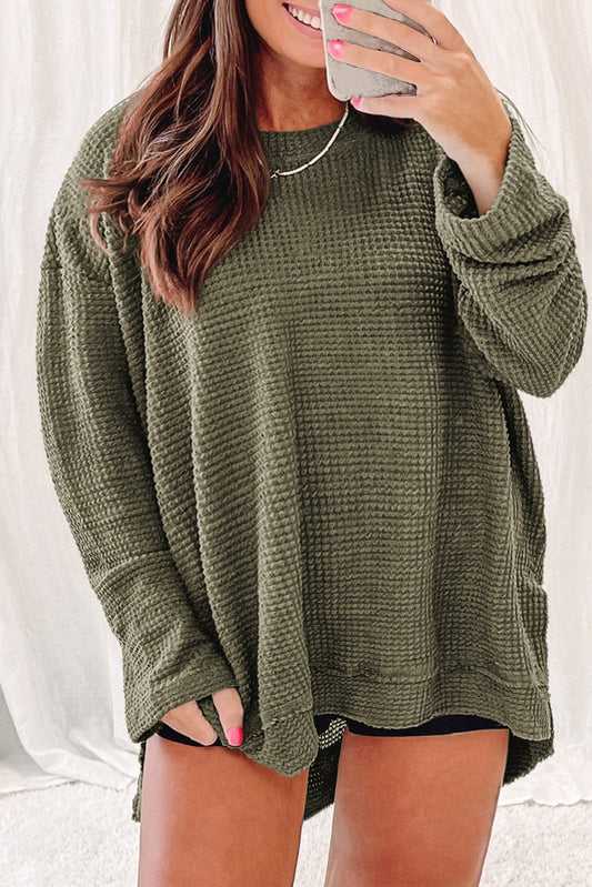 Moss Green Plus Size Textured Knit Long Sleeve Top