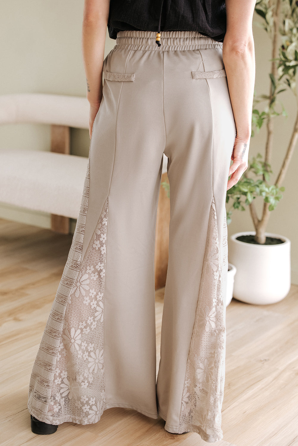 Smoke Gray Boho Lace Patchwork Wide Leg High Waist Pants