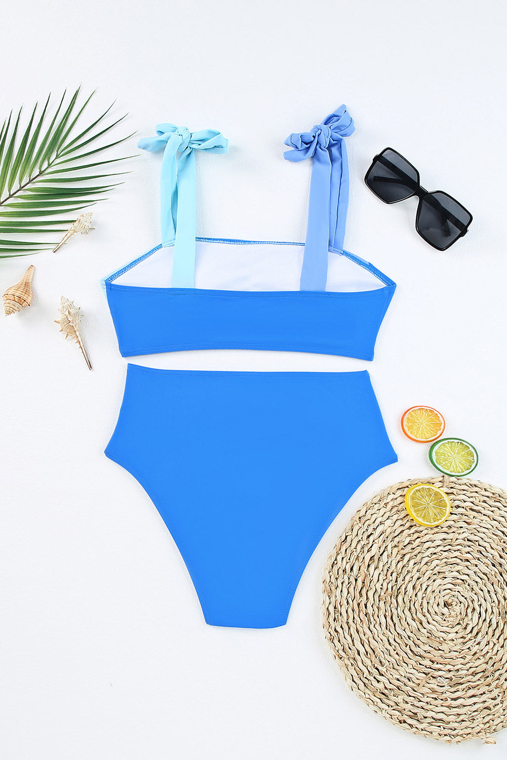 Sky Blue Ombre Color Block Tie Shoulder Bikini High Waist Swimsuit