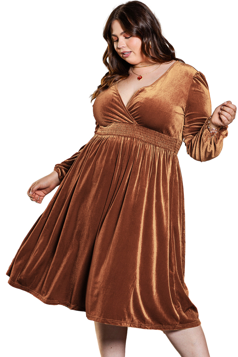 Camel Surplice V Neck Balloon Sleeve Velvet Dress