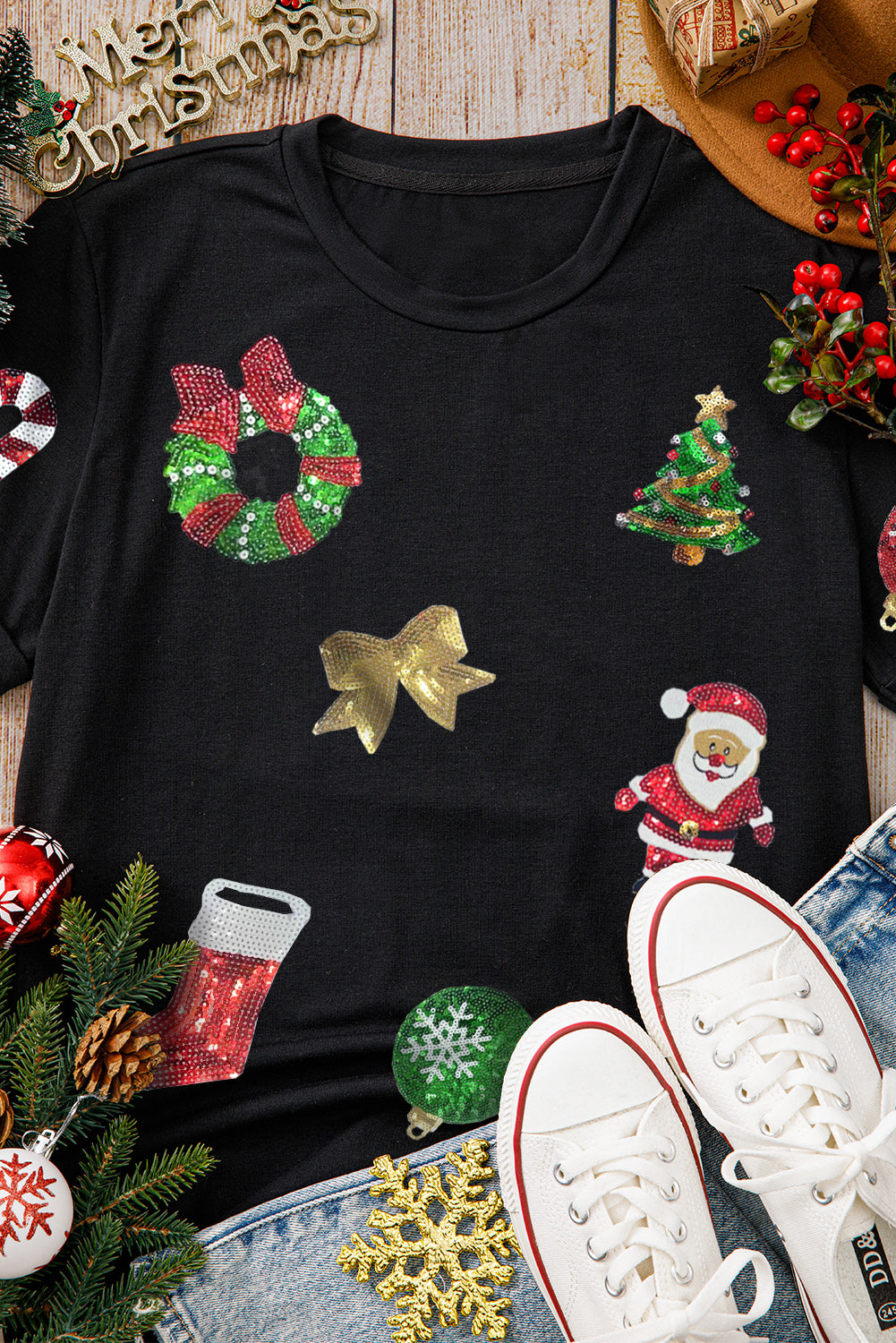 Black Sequin Christmas Essentials Graphic Crewneck T Shirt