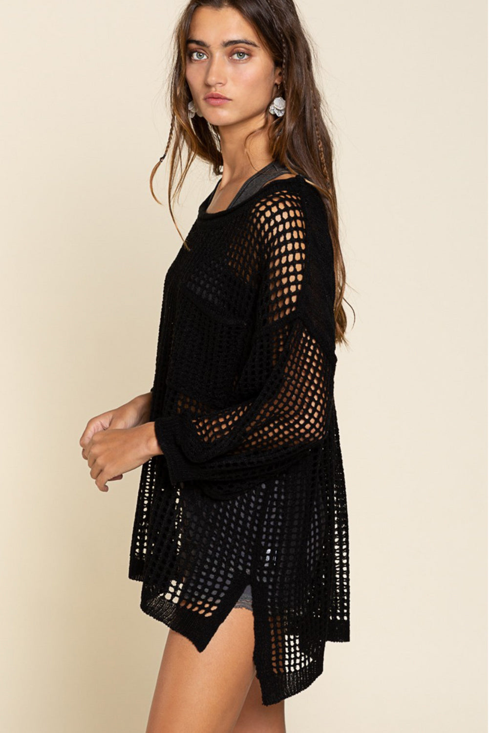 Black Fishnet Hollow-out Long Sleeve Beach Cover up