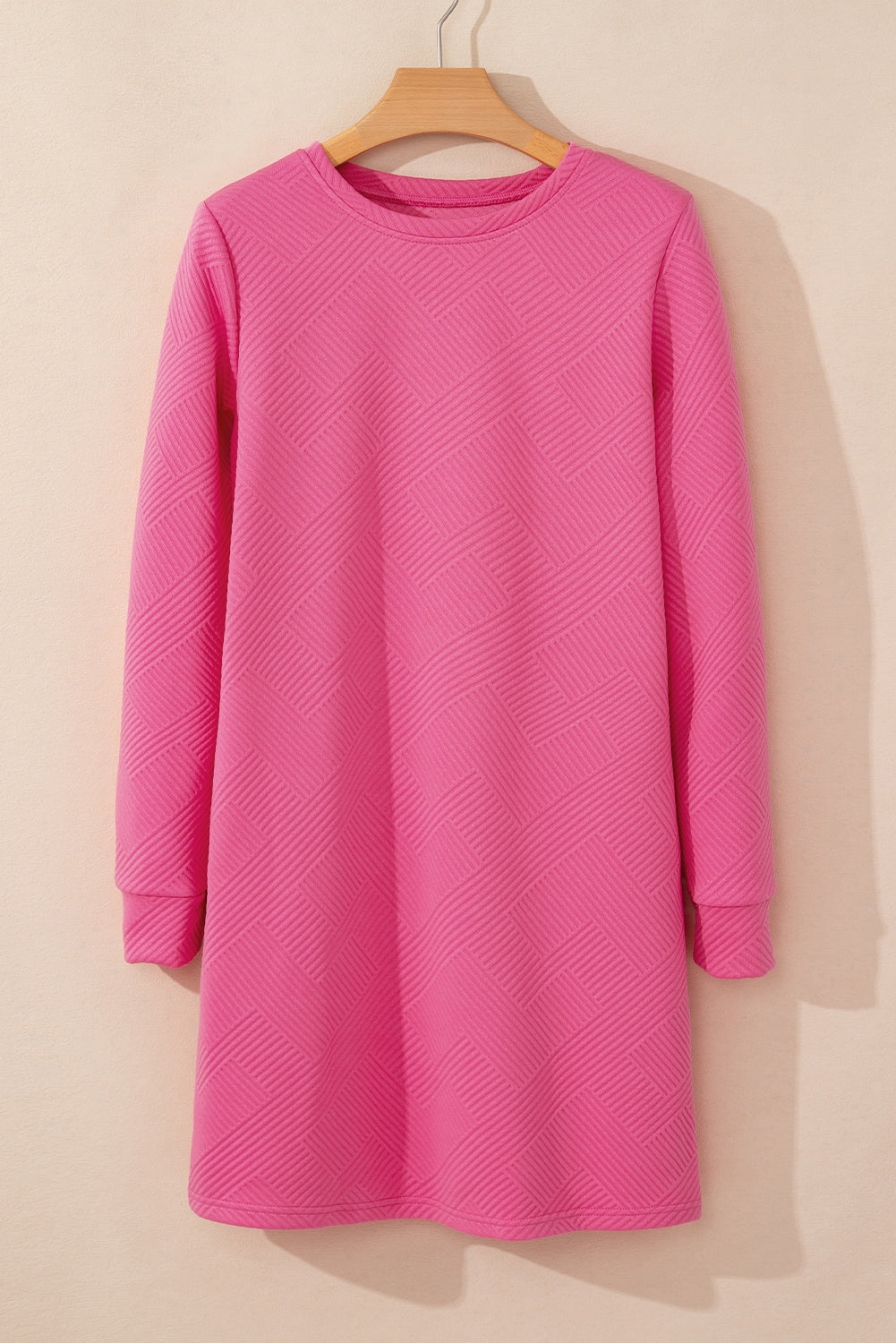 Rose Red Solid Color Textured Long Sleeve Shift Dress