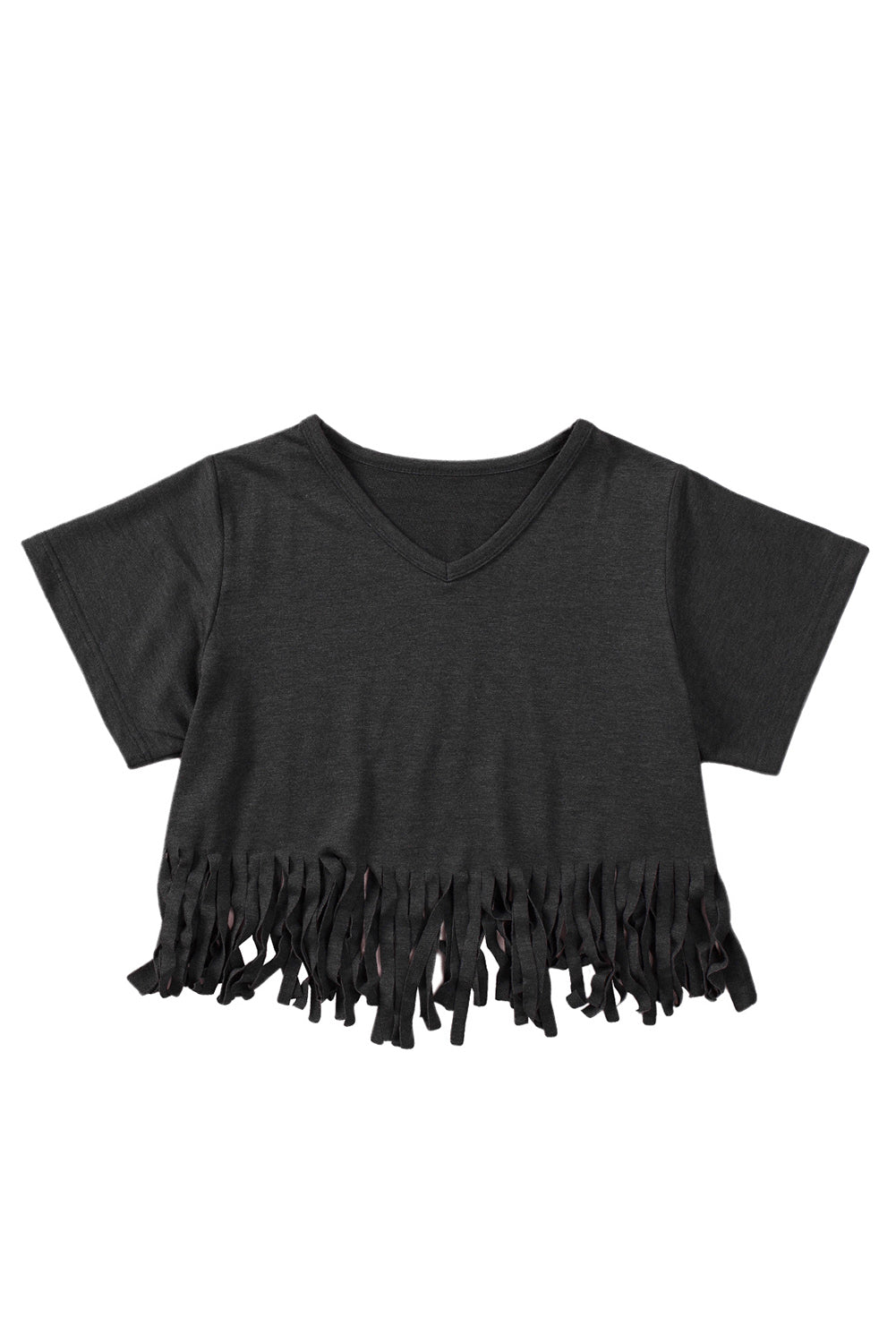 Black Fringe Hem V Neck T Shirt