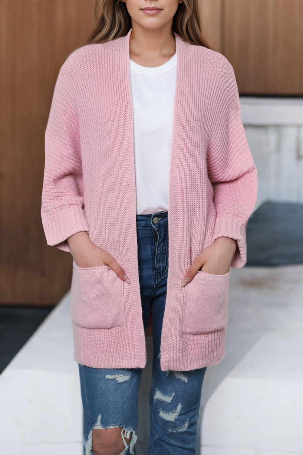 Pink Oversized Fold Over Sleeve Open Front Cardigan