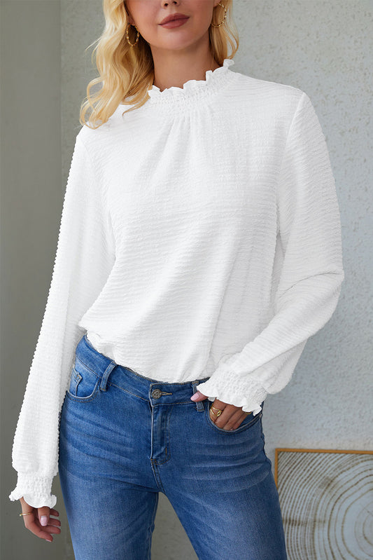 White Frilled Smocked Neck Textured Bishop Sleeve Blouse