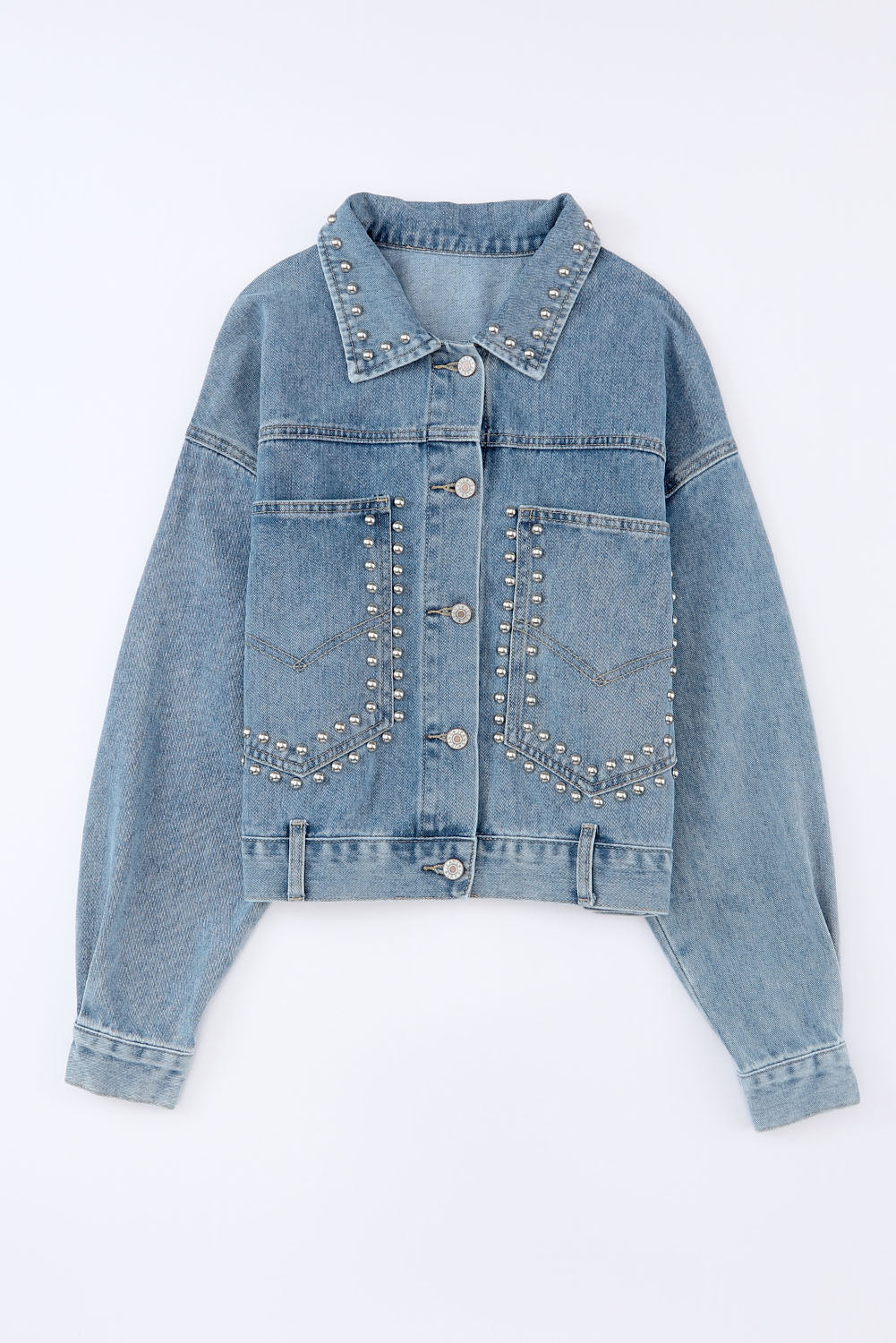 Sky Blue Rivet Studded Pocketed Denim Jacket