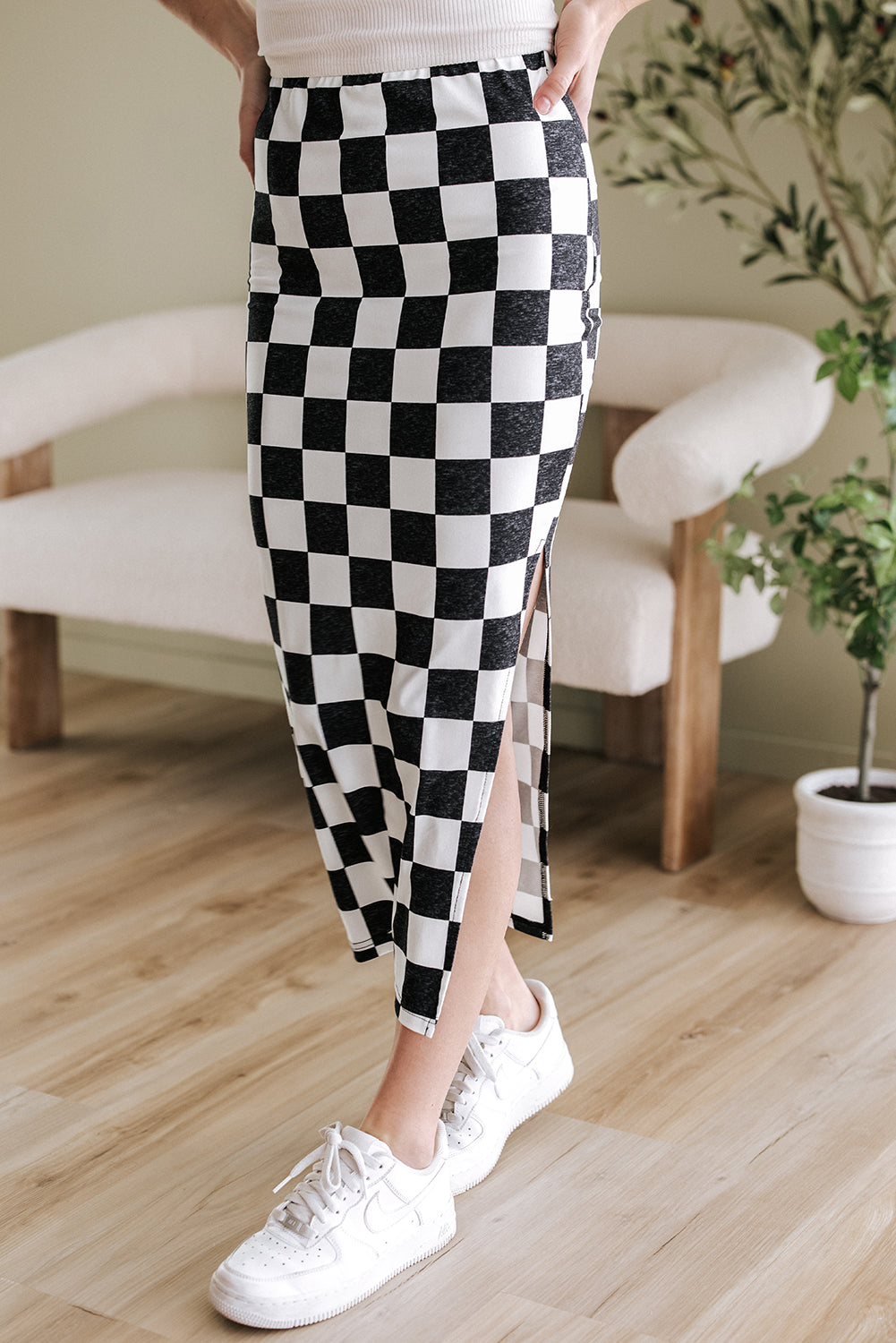 White Checkered Print Side Slit High Waist Midi Skirt