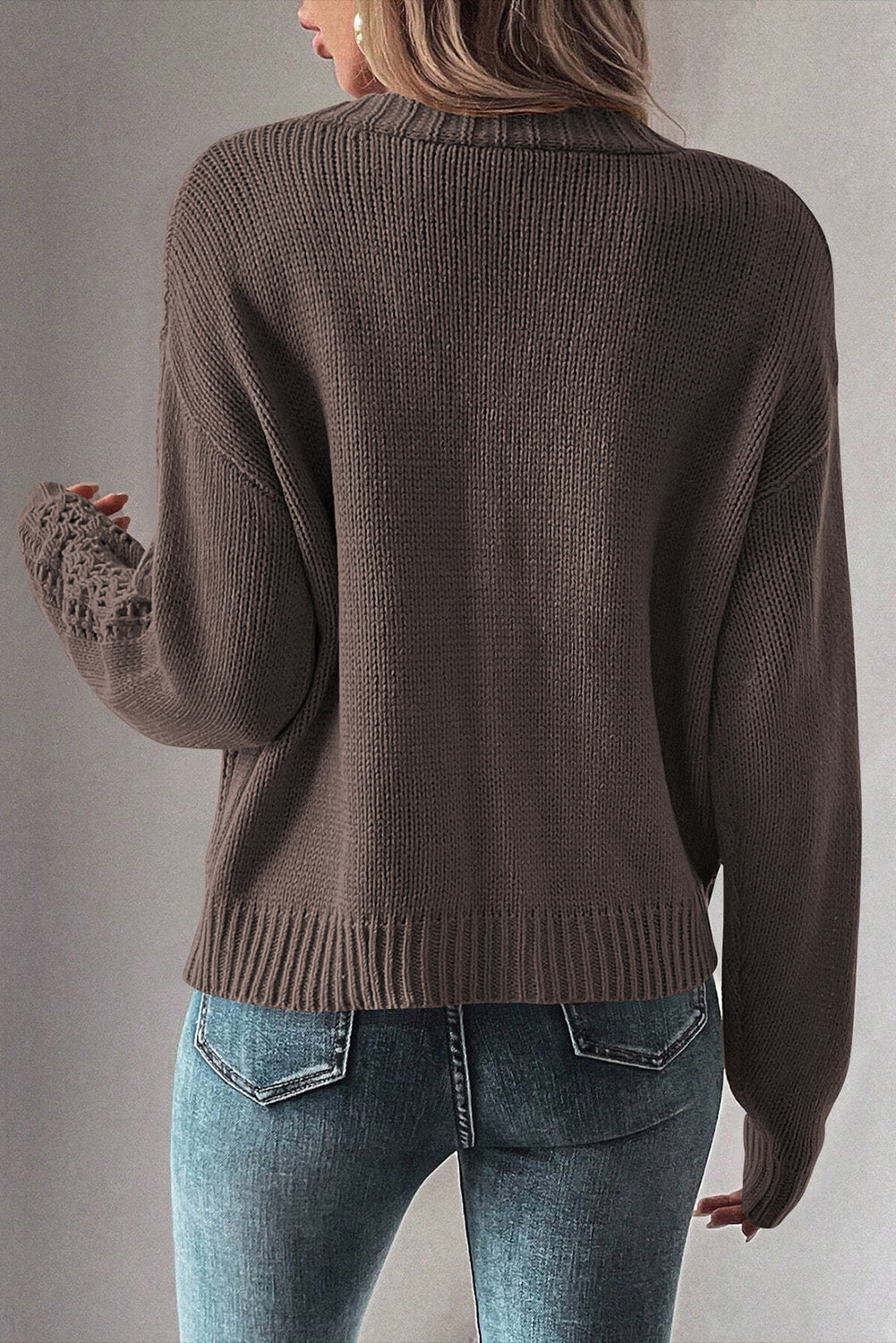 Dark Khaki Open Knit Drop Shoulder Sweater Cardigan