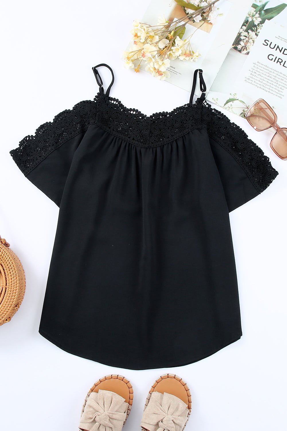 Black Crochet Neckline Off-shoulder Short Sleeve Top