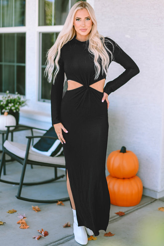 Black Ribbed Twist Cutout Long Sleeve Dress