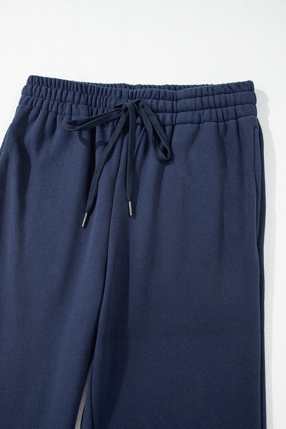 Navy Blue Solid Color Fleece Lined Drawstring Waist Casual Pants