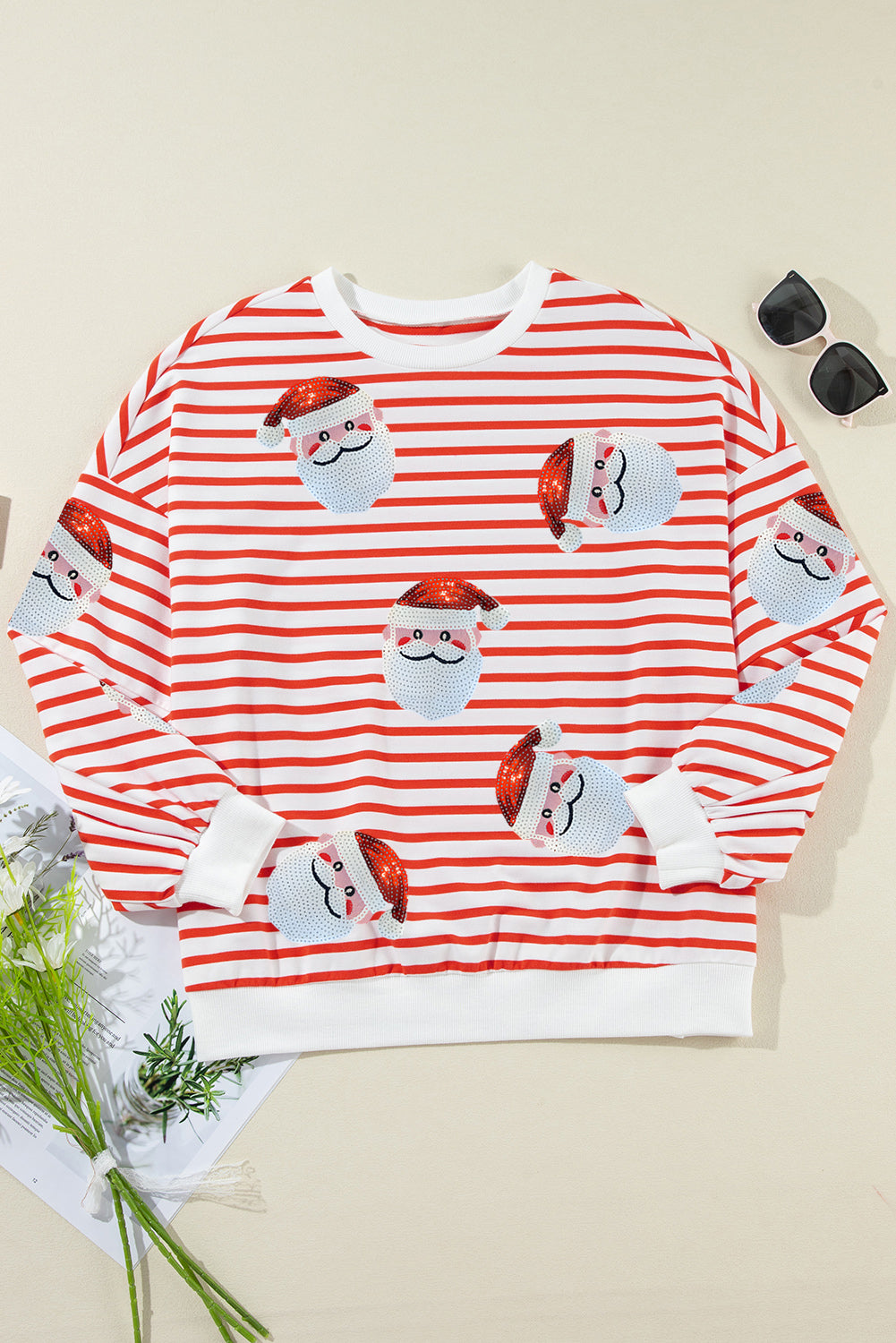 Orange Stripe Sequin Santa Claus Pattern Christmas Pullover Sweatshirt