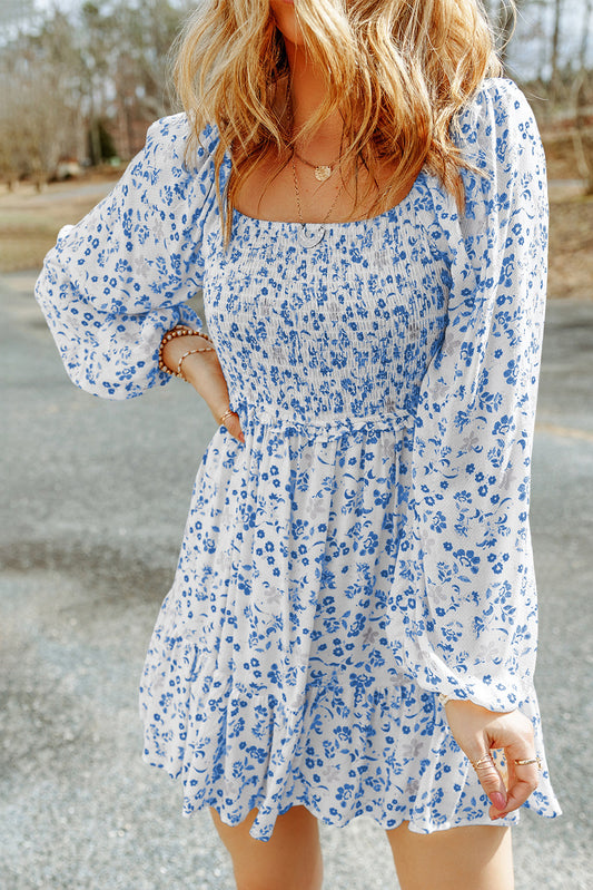 Light Blue Boho Floral Smocked Puff Sleeve Mini Dress